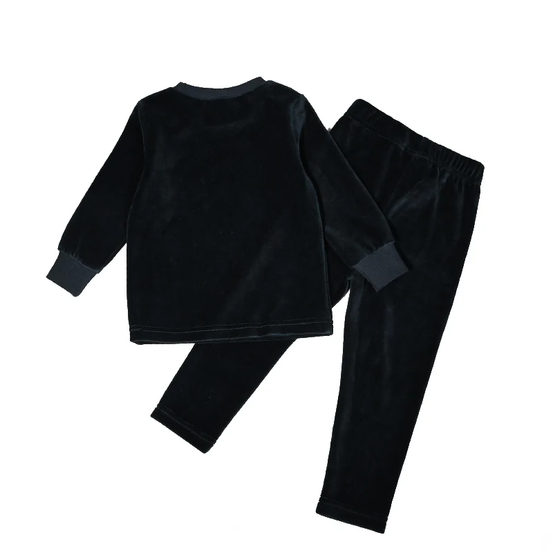 Children Boy and Girls Long Sleeve Black Set Top and Pant Round Neck 2pcs Set Teen Casual Black Velour Pajamas Smile Embroidery