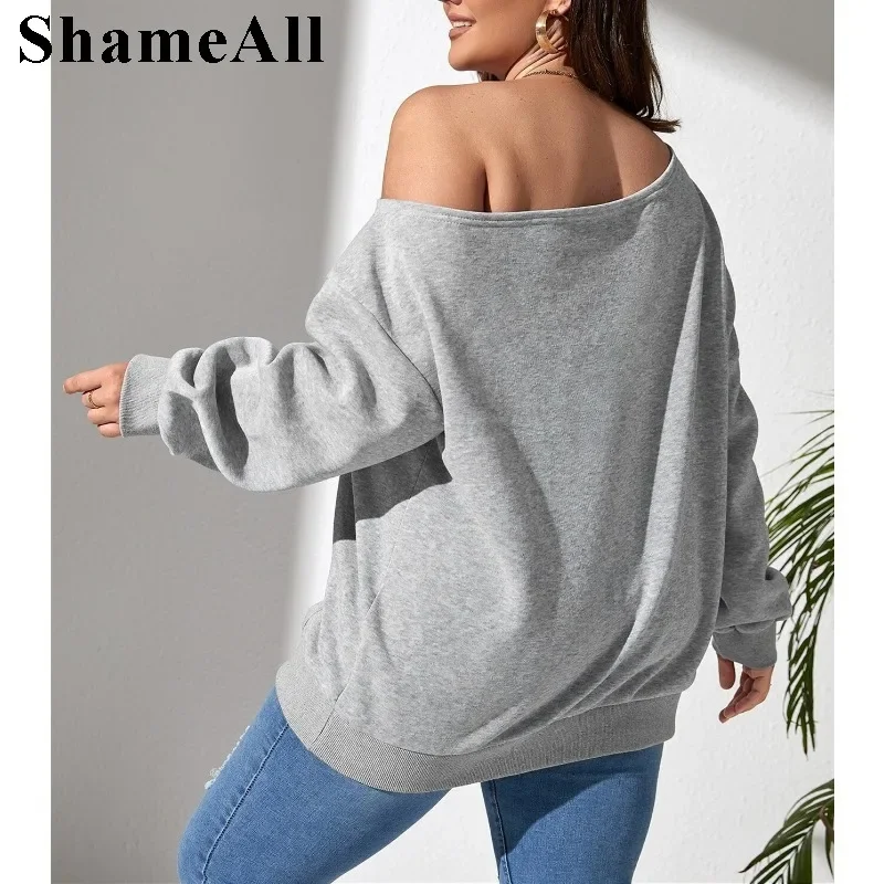 Women's Plus Size Light Grey Loose Asymmetrical Neck Sweatshirt Sexy OffShoulder Tops Casual Chic  Pullover