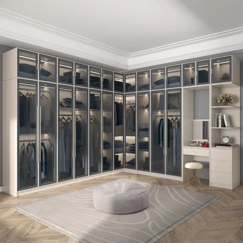 Luxury Design Customized Bedroom furniture Walk-In Portable Wardrobe Glass Door Closet Modern Wooden Wardrobe Room Cabinets