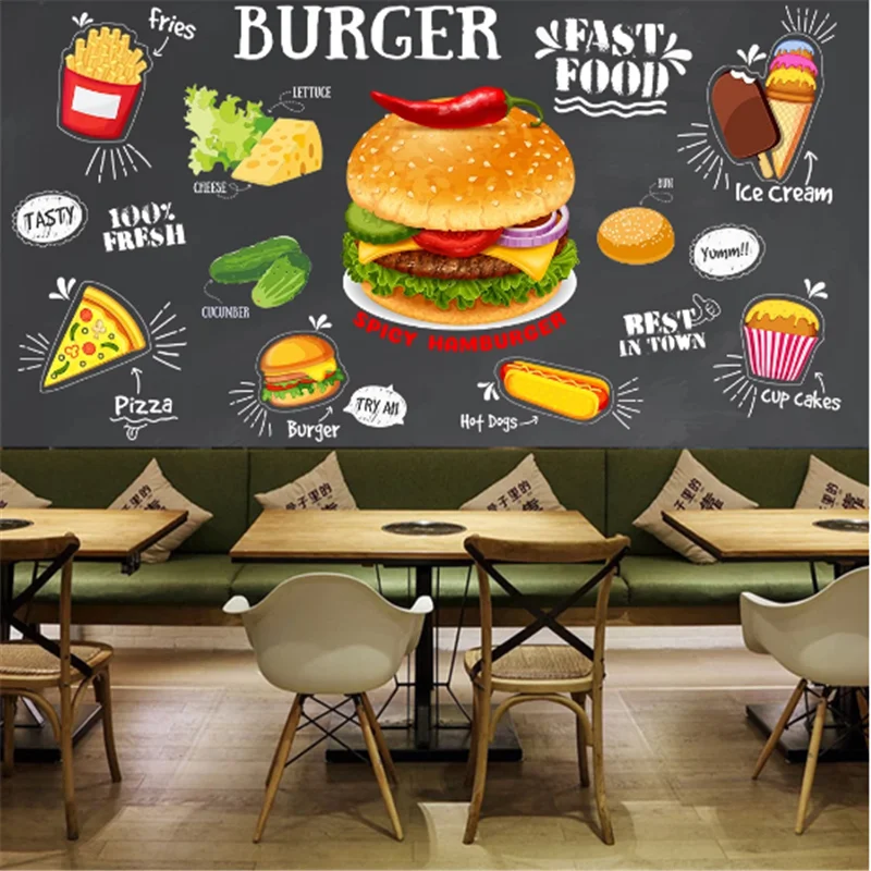 Custom Burgers Western Fast Food  Restaurant Background Wall Mural Wallpaper 3D Snack Bar Hamburger Pizza fries Wall Paper 3D