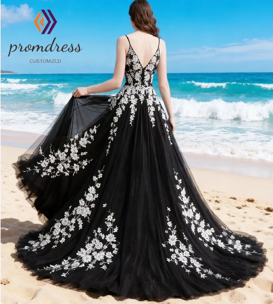 Unique Black With White Lace Wedding Dress Sexy V Neck Spaghetti Strap Chiffon Beach Bridal Gown 2026 Sweep Train Civil Bohemian