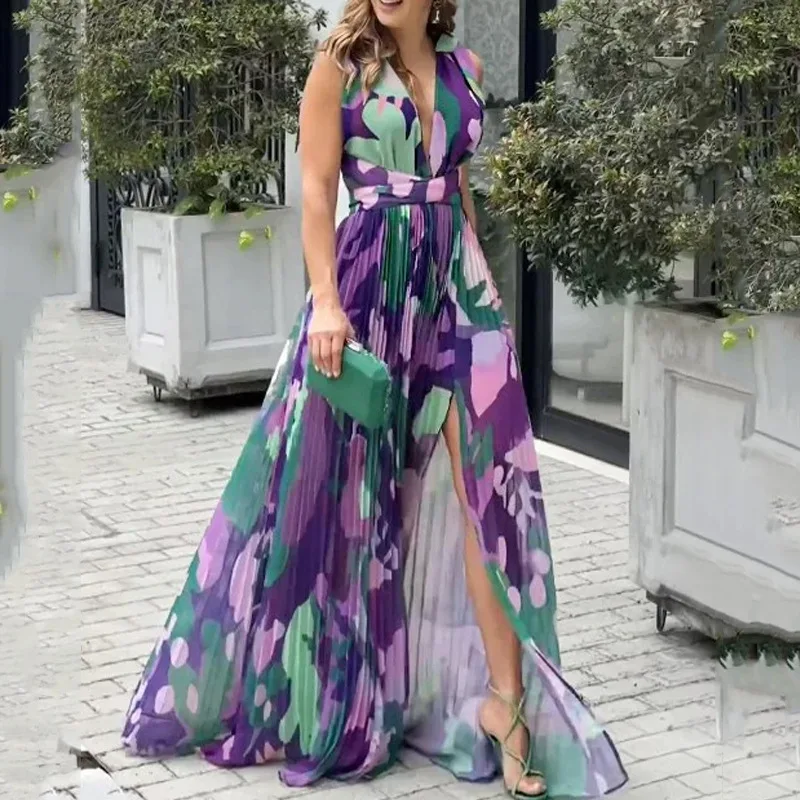 Women\'s Dress Sexy Deep V Neck Sleeveless Backless High Waist Split Long Dress Large Swing Fashion Elegant Party Dresses