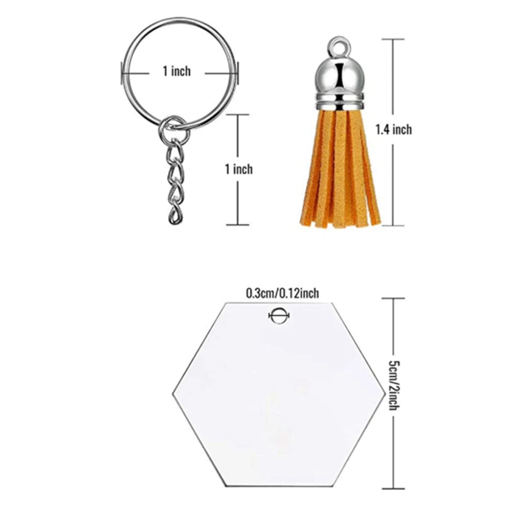 A84X-288Pcs Acrylic Transparent Discs Hexagon Keychain Blanks Charms And Tassel Pendants Keyring With Chain For DIY Crafts