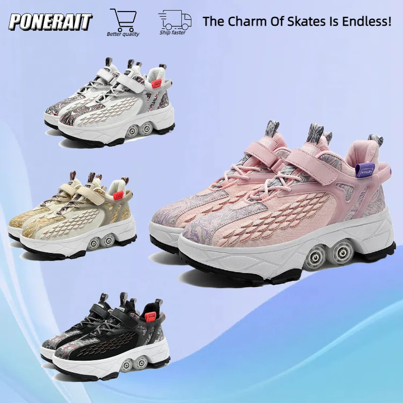 4-Wheel Professional Double Row Skates Deform Roller Skate Shoes Youth Sneakers Parkour Street Deformation Shoes Gift for Kid