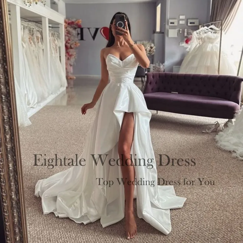 Eightale High Low Wedding Dress Customized Sweetheart Satin White Ivory Short Front Long Back Bridal Gown Vestido De Noiva