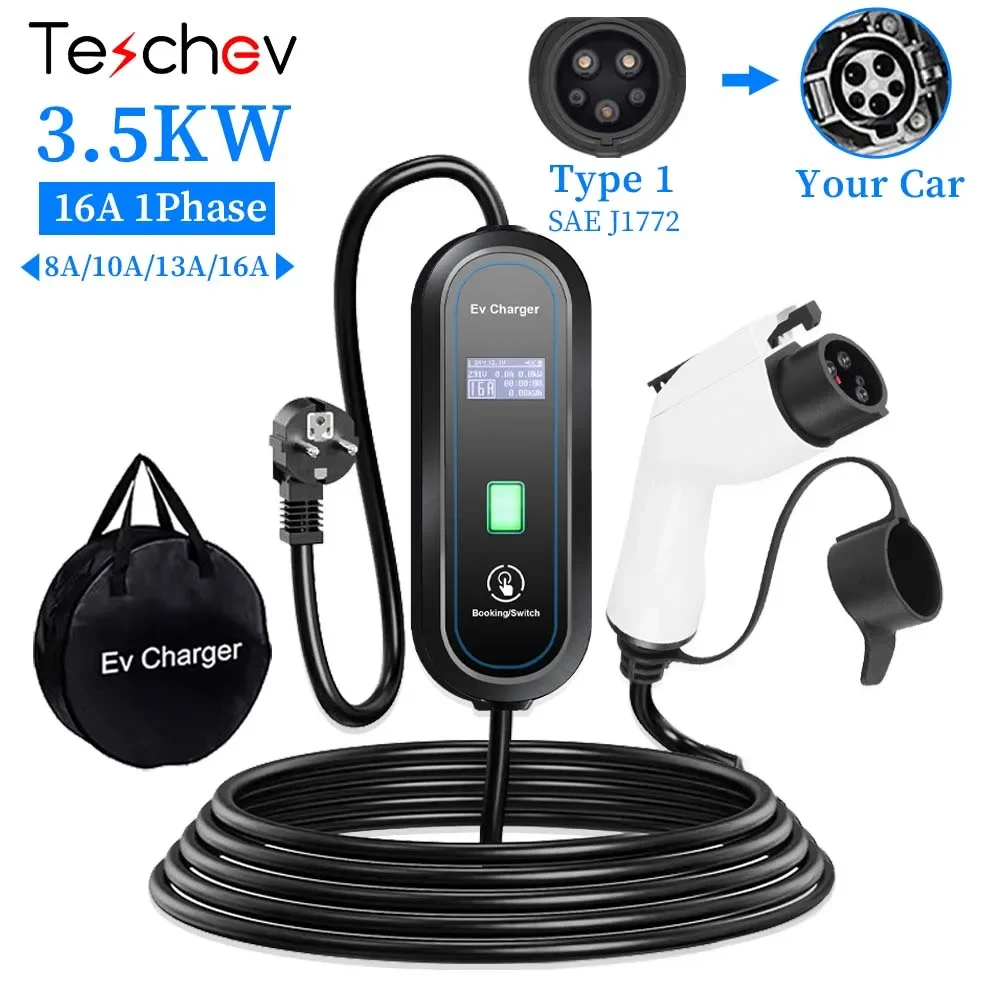 

Teschev Type 1 Portable EV Charger 16A 1Phase 3.5KW J1772 Electric Car Charger EVSE Fast Charging Wallbox EV Charging Station