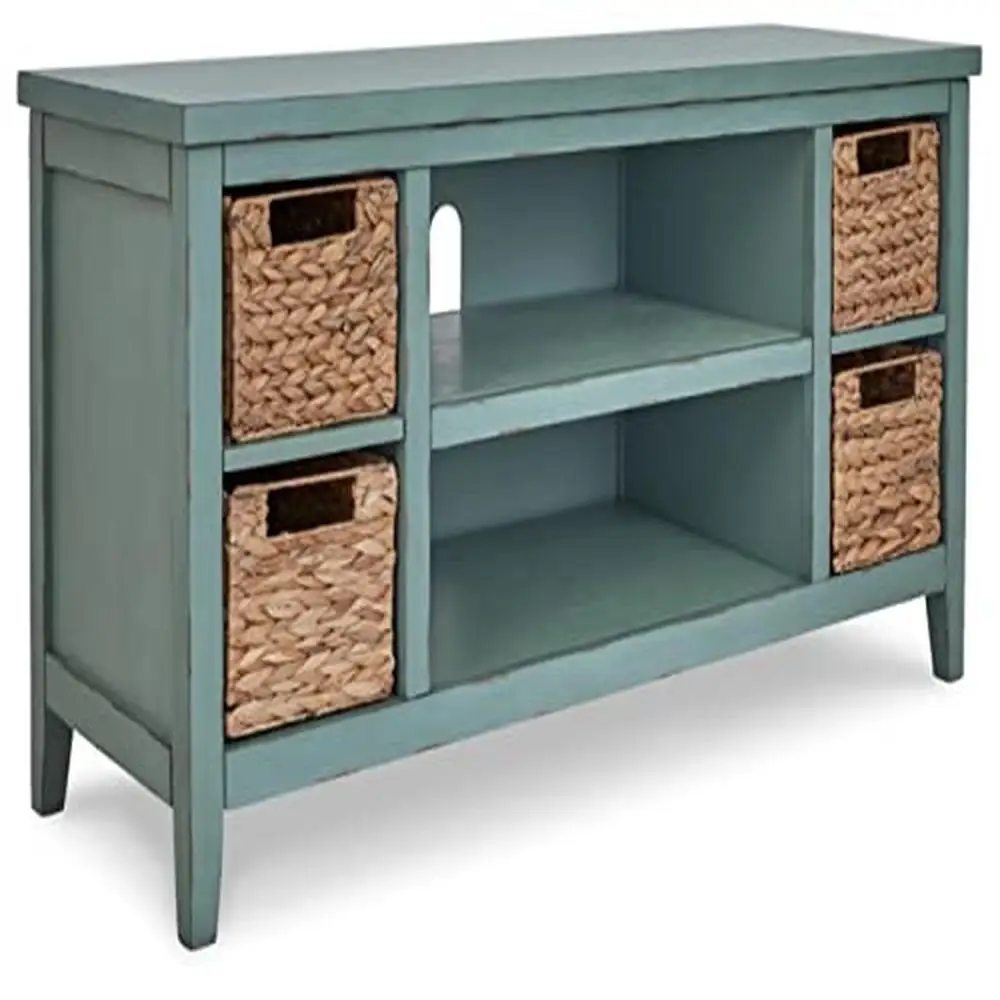 

Casual TV Stand 54" 4 Baskets 3 Adjustable Shelves Green Light Brown Wood Console Home Storage Solution TV Entertainment Area