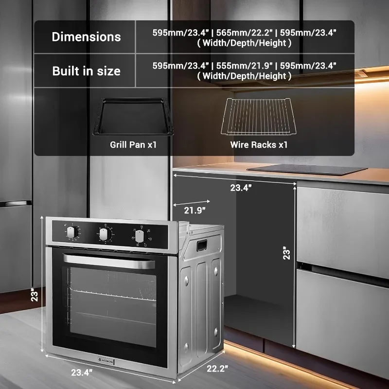 AAOBOSI Wandofen, 24-Zoll-Einwandofen, 2,5 cu. ft. Eingebauter elektrischer Konvektionsofen, Timer mit mechanischer Knopfsteuerung