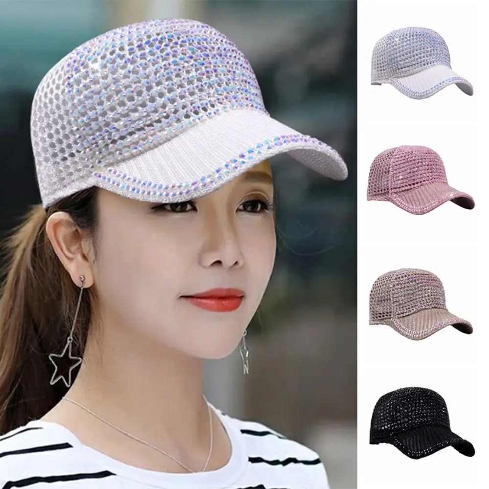 

Unisex Mesh Rhinestone Baseball Cap Lightweight Breathable Woman Shiny Cap Simple Adjustable Duck Tongue Hat Streetwear