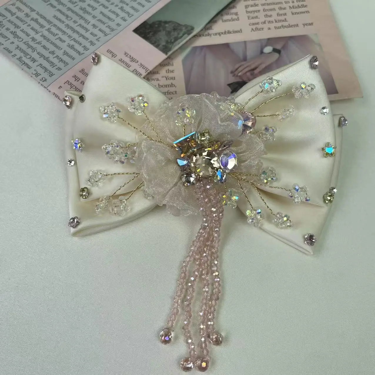 جديد الكورية نمط الأصلي مرصع بالماس سوبر الجنية الساتان طبقة مزدوجة شرابة القوس دبوس الشعر الربيع كليب #5