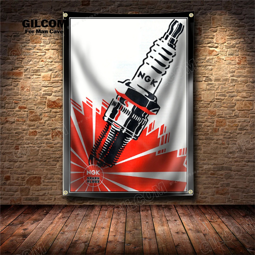 Spark Plugs Banner Flag Poster Wall Art Decor AD Vintage Motor Racing Sexy Lady Beauty Garage Sign Man Cave Garage Pub Club