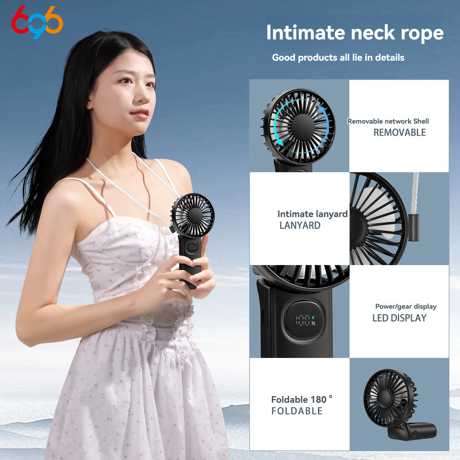 

LED Digital Display With 5 Levels Right Angle 180 ° Fold Hanging Neck Fan Detachable 2400mah Battery Strong Wind Handheld Fan