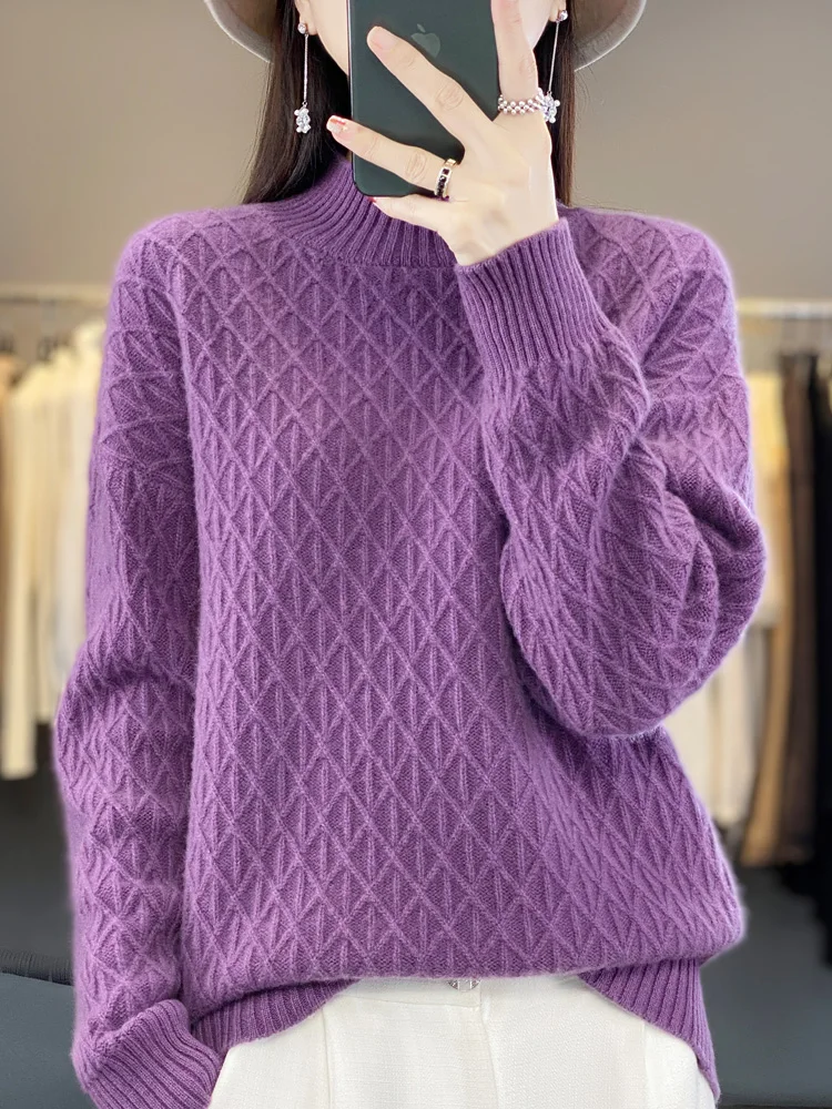 Women 100% Merino Wool Sweater Autumn Winter Mock Neck Diamond Grid Pullover Thickening Clothing Cashmere Knitwear Female Tops