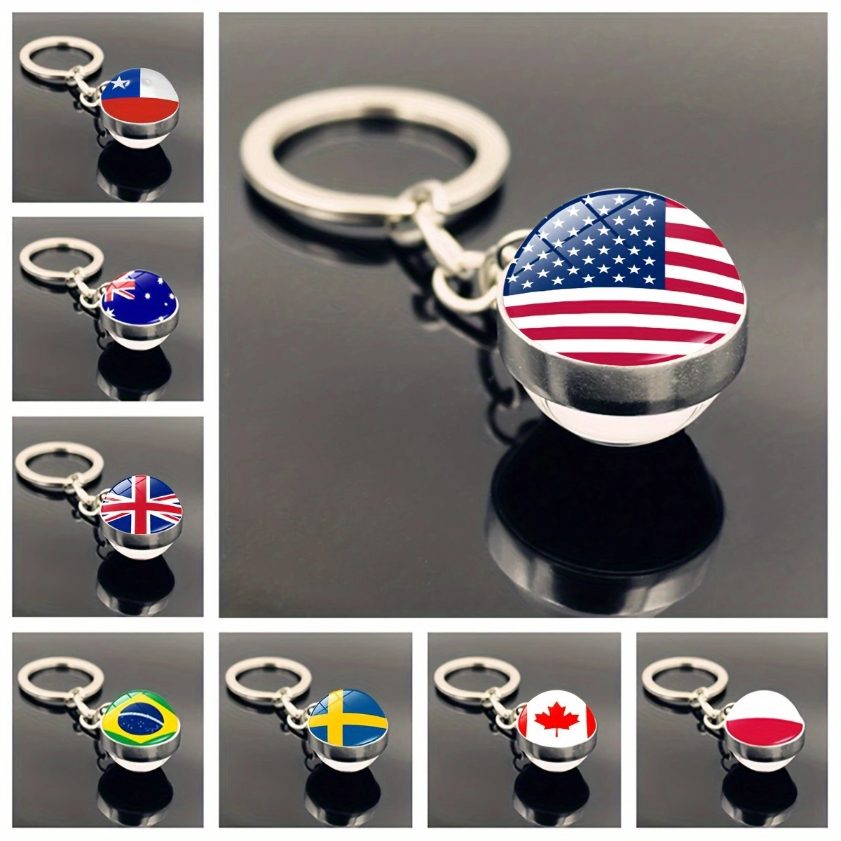 Patriotic Flag Keychain with Durable Metal Ring & Circular Glass Charm. A Versatile Gift for Keys, Bags, Holidays,