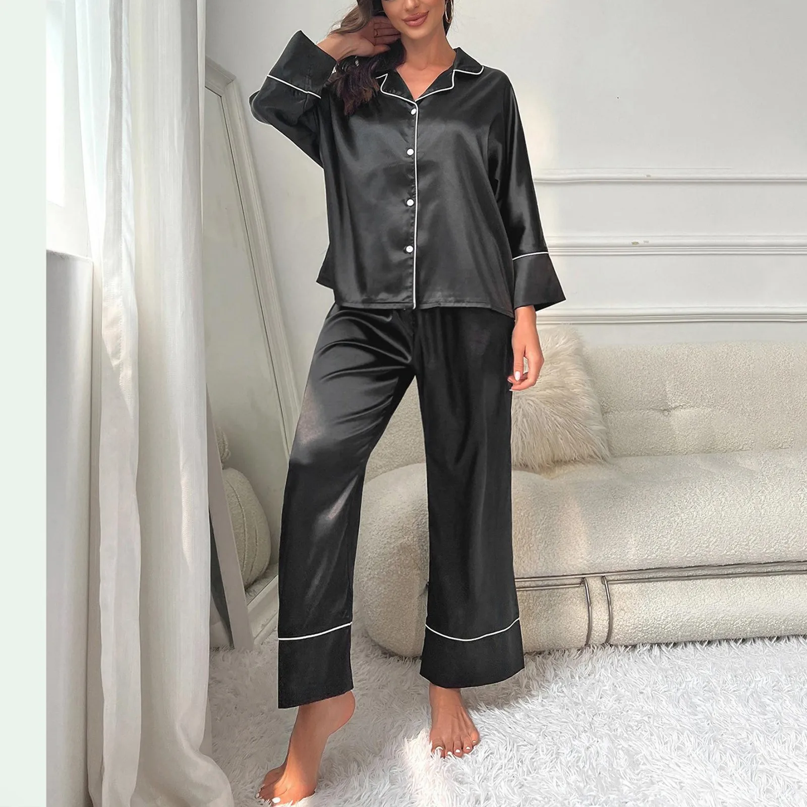 Solid Color Ice Silk Basic Women Pajamas Suits Autumn Long Sleeve Lapel Singel Breasted Shirts Tops+Wide Leg Pant 2 Piece Sets