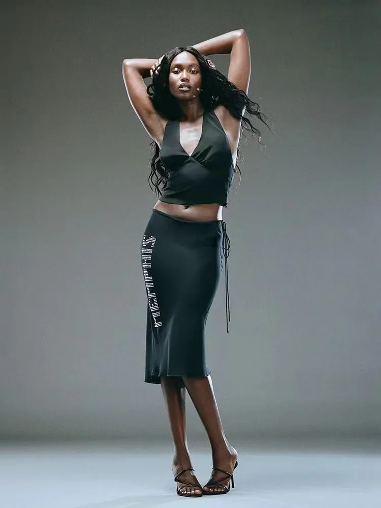 

Women Silk Halter V-Neck Back Lace-up Backless Crop Top Or Rhinestones Letters Long Skirt