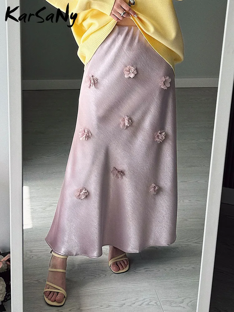 Elegant Summer Satin Midi Skirt with Floral Design for Women