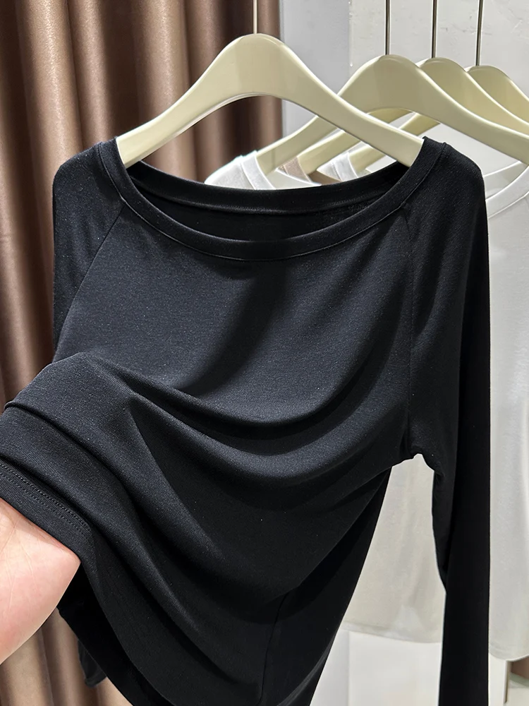 

Loose Bla-oulder Knitted Modal Base irt Women's Spring Autumn Winter Lazy Feeling Inner Wear Cross-oulder T-irt