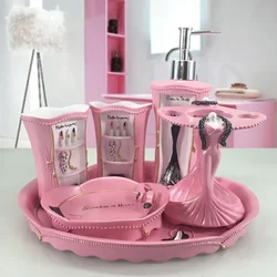 European Style Bathroom 5-Piece Set, Wedding Toiletries, Creative Gift, Resin Toothbrush Cup, Pink Lady, Accessories