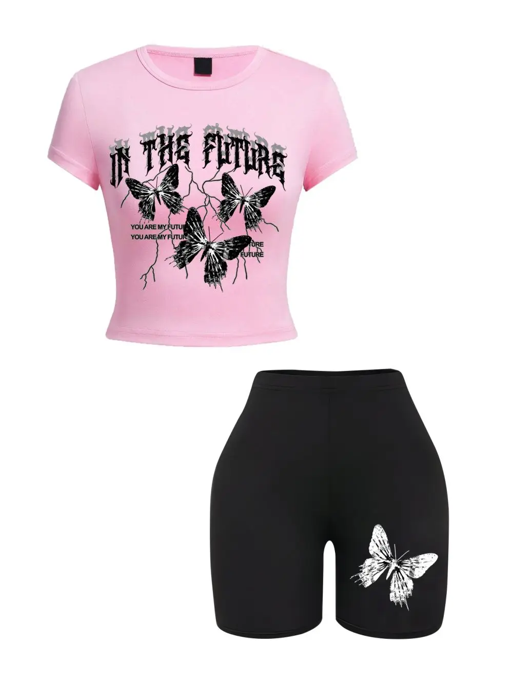 Casual Womans Crop Tops & Shorts Two Pieces Set In The Future Dark Black Butterfly Print T-Shirts Soft Slim High Elastic Clothes