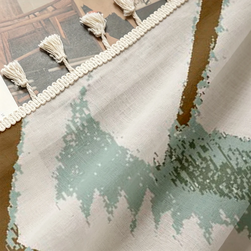 1PC Boho Modern Tassel Sheer Curtains, Brown Green Zigzag Pattern, Digital Print, Linen Polyester, for Cozy Bedroom Window
