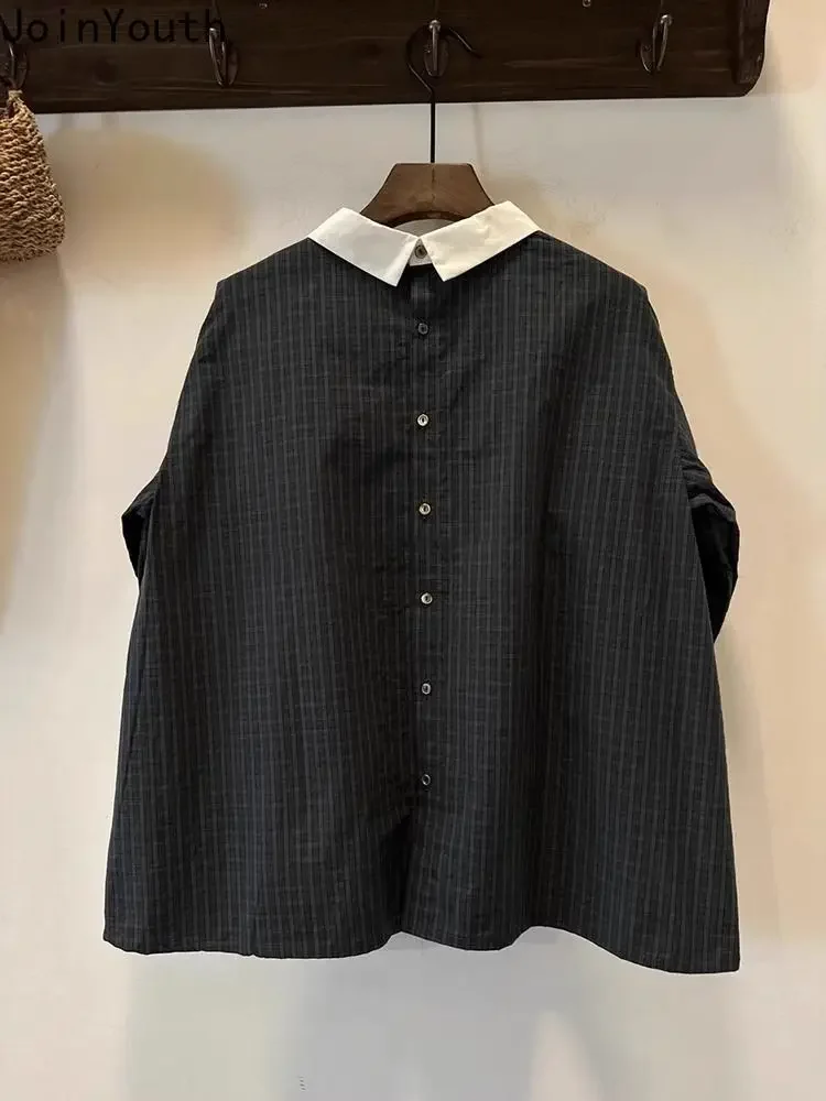 Summer Women Shirt 2024 Blusas Mujer De Moda Peter Pan Collar Puff Sleeve Vintage Blouses Loose Fashion Plaid Blouse Tops 7n832