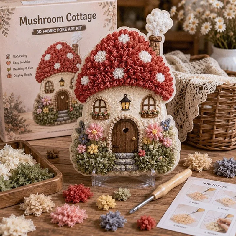 Whimsical Village 3D Fabric Poke Art Kit Floral Mushroom Cottage DIY Handmade Yarn Crochet Weaving Craft Gift For Home Decor