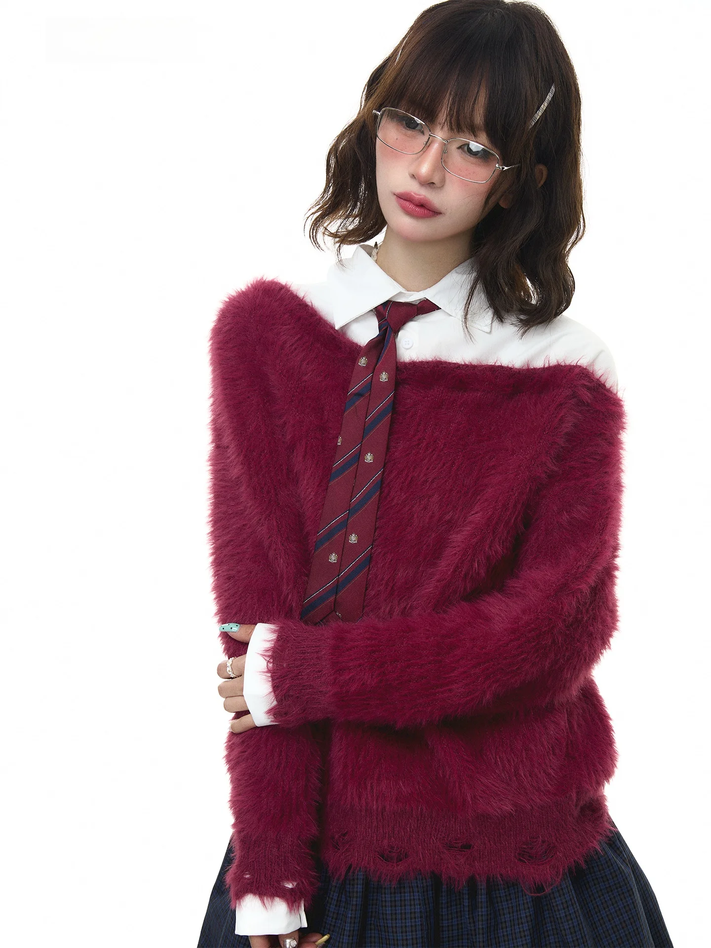 

Korean Sle College Girl's Lazy Girl Soft Plu Mink Knitted Sweater Women's Long Sve Knitted Top Two-Piece Design Sense