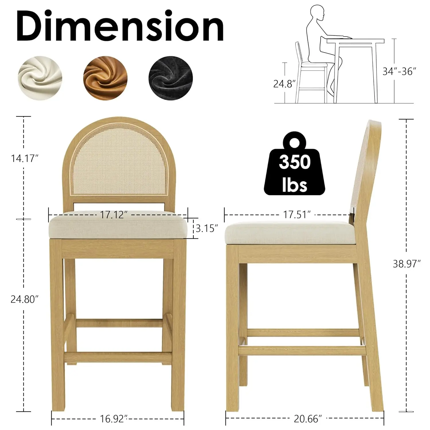 Juego de 4 Taburetes de Bar Tapizados en Ratán, Taburetes Altos de Madera con Respaldo Tejido en Ratán Natural y Chenilla, Personalizados