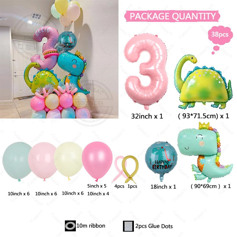 Colored Latex Balloons Cute Dinosaur Foil Balloon 38pcs for Girl Dinosaur Theme Birthday Baby Shower Decorations Party Favors