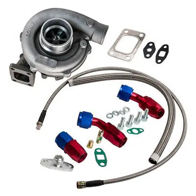 MaXpeedingrods T3T4 Turbo Turbocharger Oil Cold Universal Turbine .63 AR 5 Bolts Flange  Oil Line Kit for 1.6L-2.3L Engine 400HP