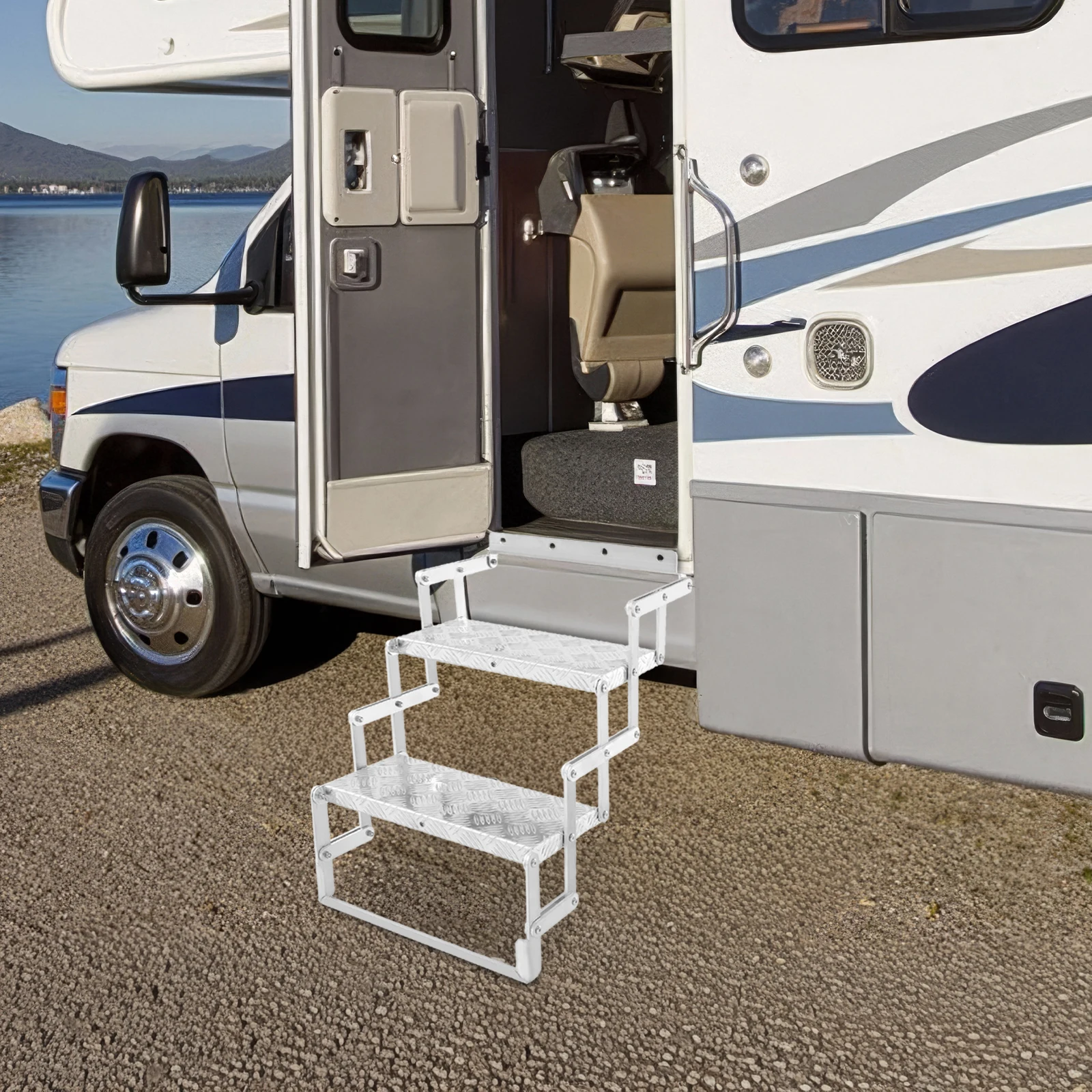 Multi-Scene Portable Step Ladder, Fits RVs/Travel Trailers/Attics/Warehouses, Pre-Drilled Holes(Quick Install)