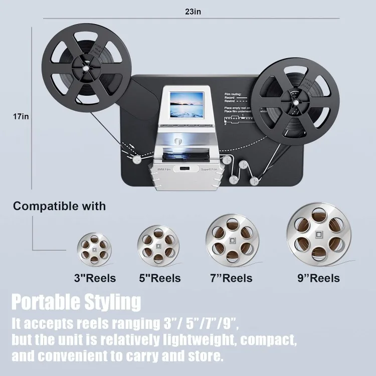 Conversor de filme para digital de 8 mm e super 8, digitalizador de scanner de filme com tela de 2,4", converte carretéis de 3 "5" 7 "9" em 1080P digital