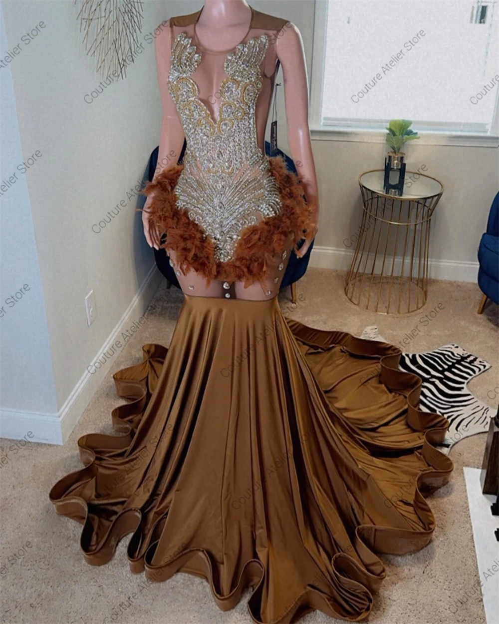 African Brown Feathers Mermaid Prom Dresses Beaded Rhinestones Birthday Party Dress For Formal Occasions Black Girls Customized