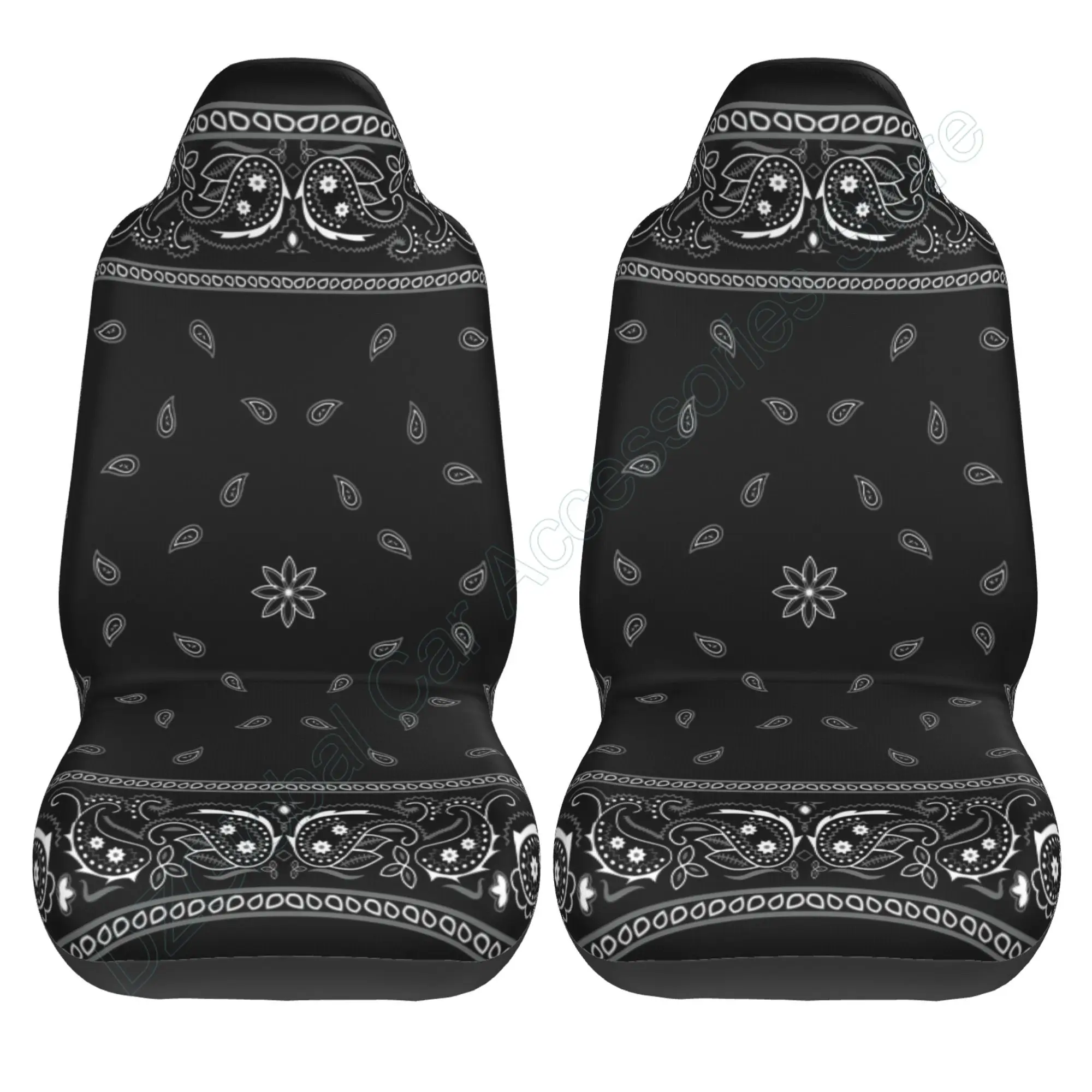 Car Seat Covers Colorful Paisley Black Pattern Bandanna Border Scarf White Set of 2 Auto Accessories Protectors Car Decor