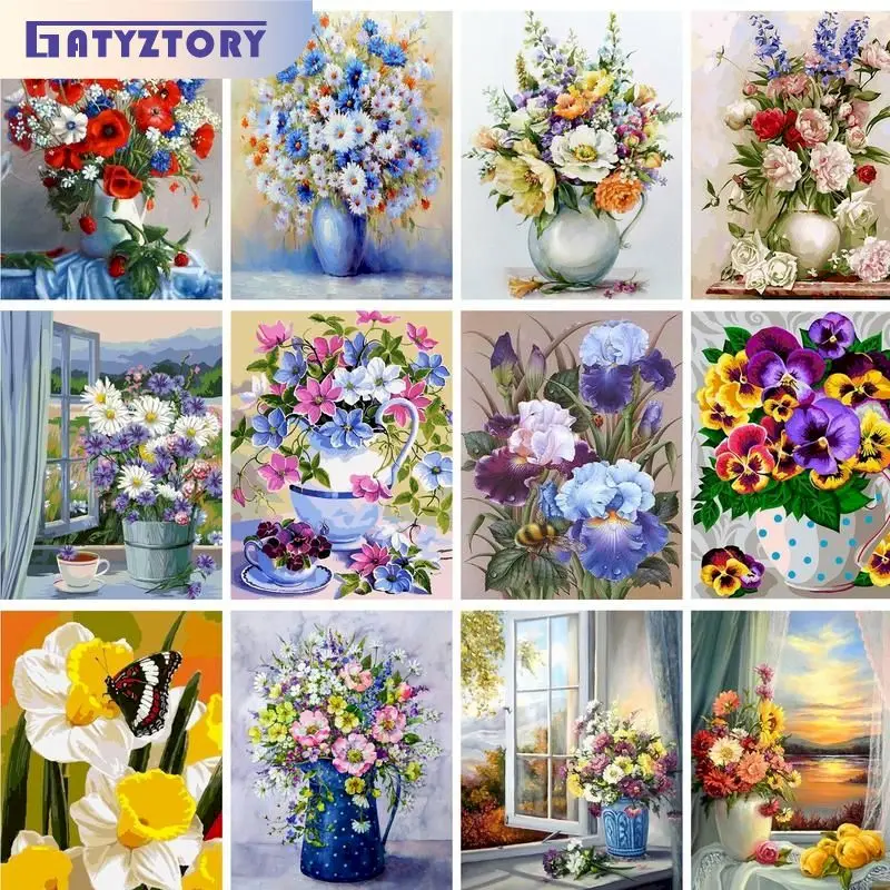 

GATYZTORY DIY Paintings By Numbers Kits Acrylic Paint By Numbers For Adults Flowers On Canvas Modern Wall Home Decoration Gfit