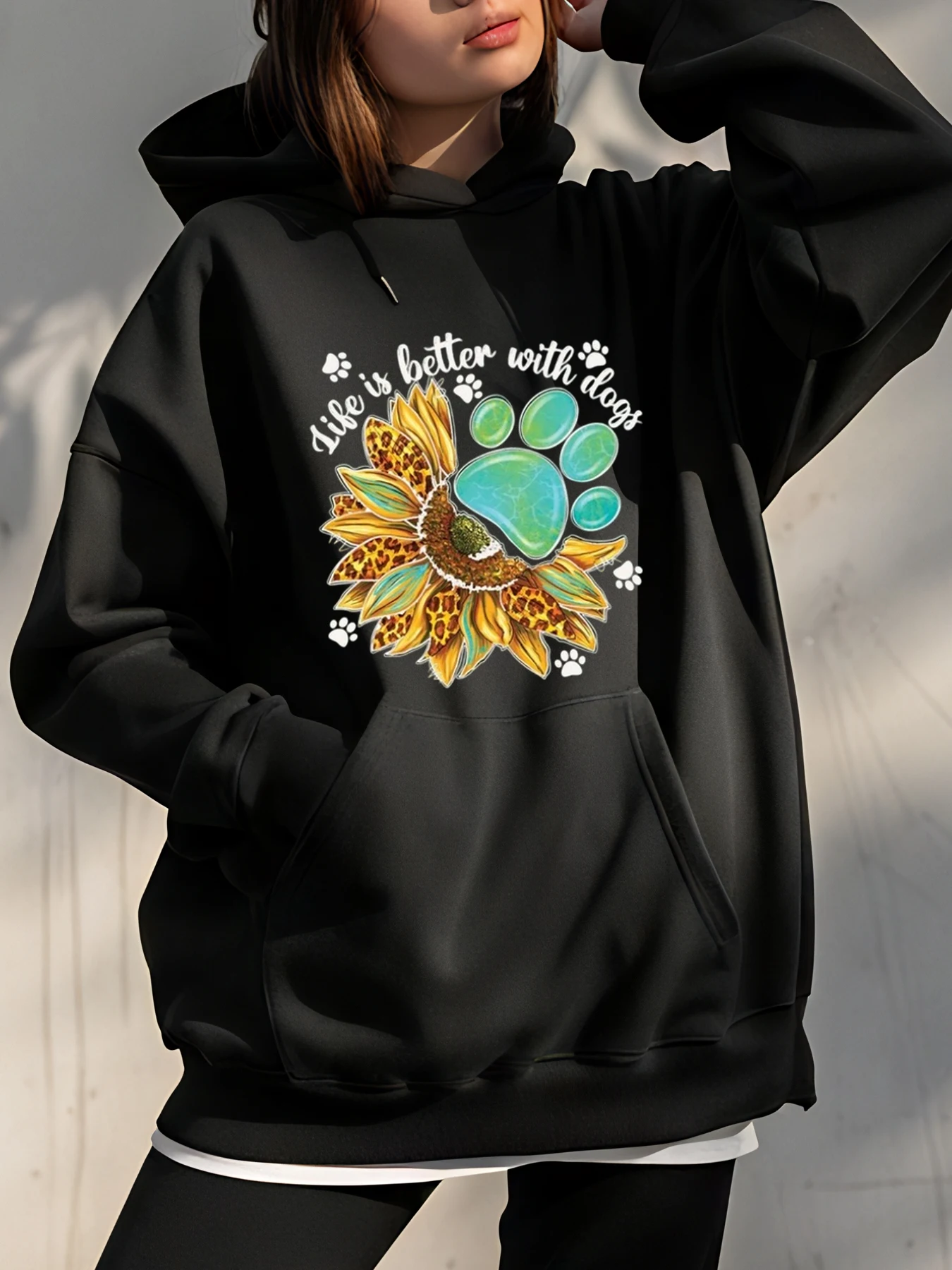 

Толстовка с капюшоном для любителей собак, дизайн с принтом лапы подсолнечника, унисекс, повседневная толстовка для женщин и мужчин, тематическая одежда для домашних животных