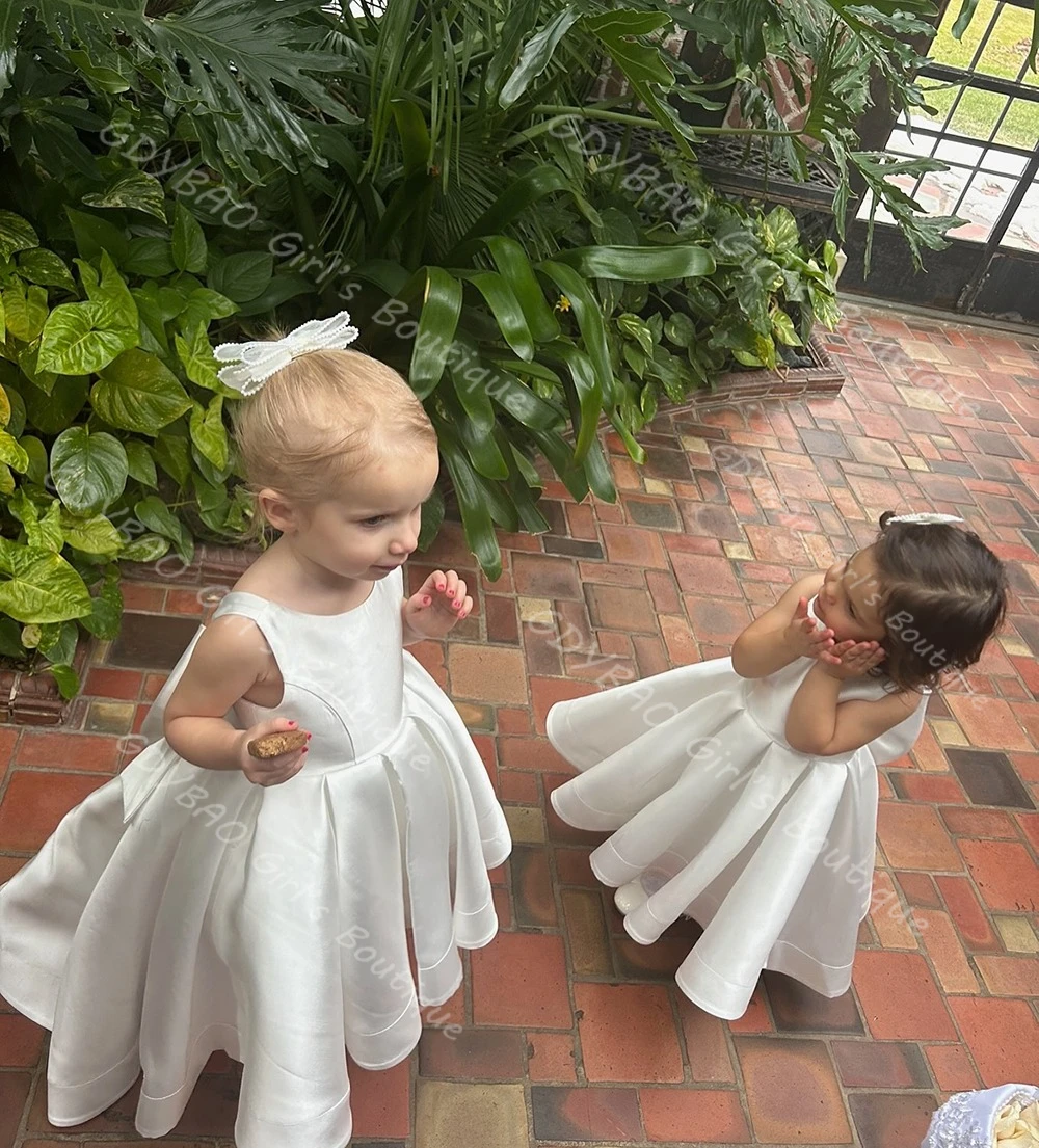 Vestido de niña de flores blanco para boda, vestido de primera comunión hasta el tobillo con espalda descubierta y lazo de satén, vestido de fiesta personalizado
