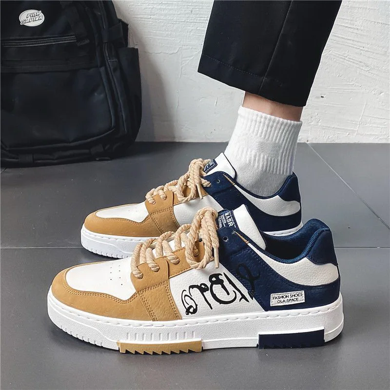 

2023 Sports Casual Shoes Men Lace Up Sneakers Faux Leather Shoes Trend Retro Designer Sneakers Male Men's Comfortable Flats