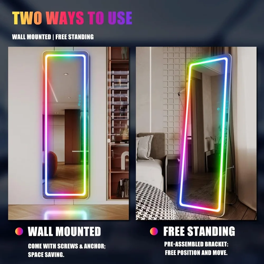 مرآة كاملة الجسم بإضاءة LED، مرآة قائمة مقاس 63 بوصة × 20 بوصة، أضواء يعتم كاملة الطول، مرآة الجسم كاملة الحجم، مرآة مضاءة بإضاءة RGB