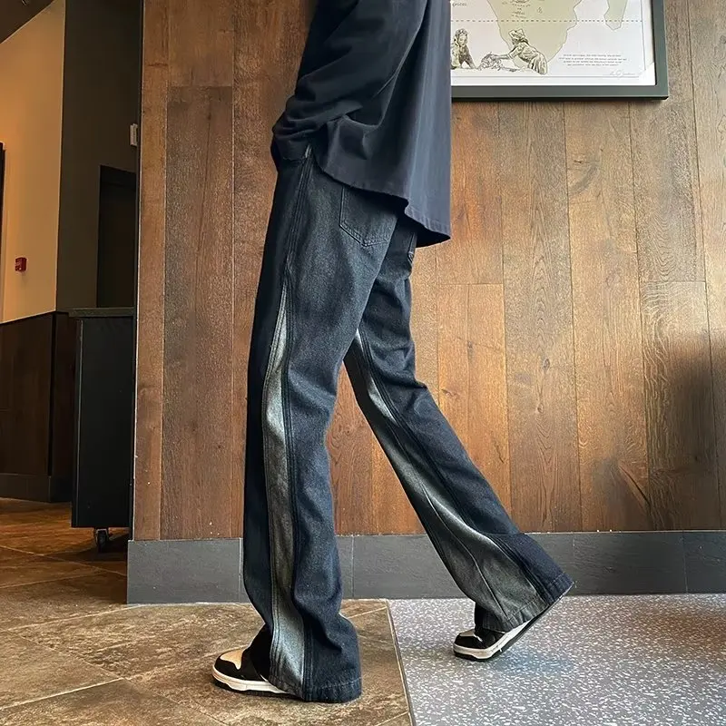 Korean Style Men's Jeans Retro Loose Straight Leg Contrast Color Mid-waist Full Length Pants Male High Street Casual Denim Pants