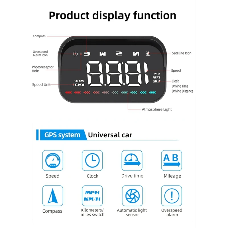 스마트 자동차 헤드업 디스플레이, GPS 속도계, 속도 MPH, 나침반 방향, 과속 경보 HD 디스플레이를 갖춘 범용 자동차 HUD