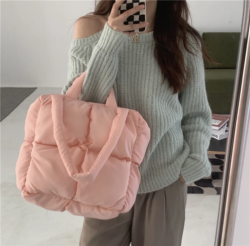 Quilted Down Tote Shoulder Bag for Women Soft Stuffed Ladies Designer Pillow Bag Retro Female Plaid Underarm Bags Large Handbags