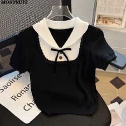 Black Elegant Slim Knit Sweater Tshirt Women 2023 Summer Short Sleeve Bowtie Crop Tops Pullover Stylish Fashion Vintage Knitwear