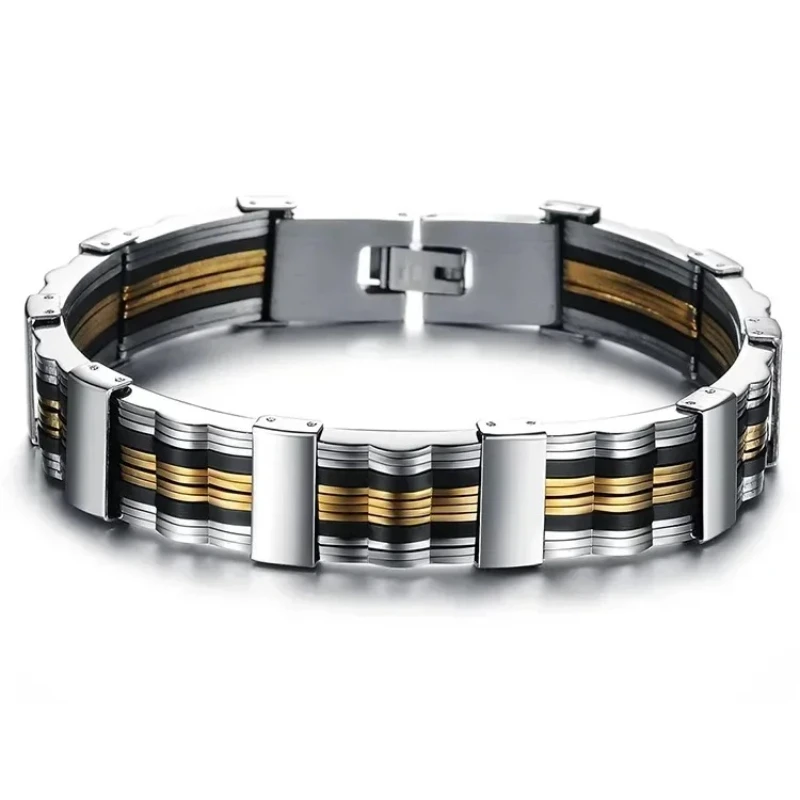 Fashion Silicone Titanium Steel Chain Bracelets Hip Hop Punk Men\'s Charm Wave Pattern Sports Wristband Party Jewelry Gift