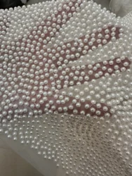 New Transparent Mesh Round White Beading Fabric Full Pearl Lace French Tulle Fabric For Wedding Party Dress Sewing DIY