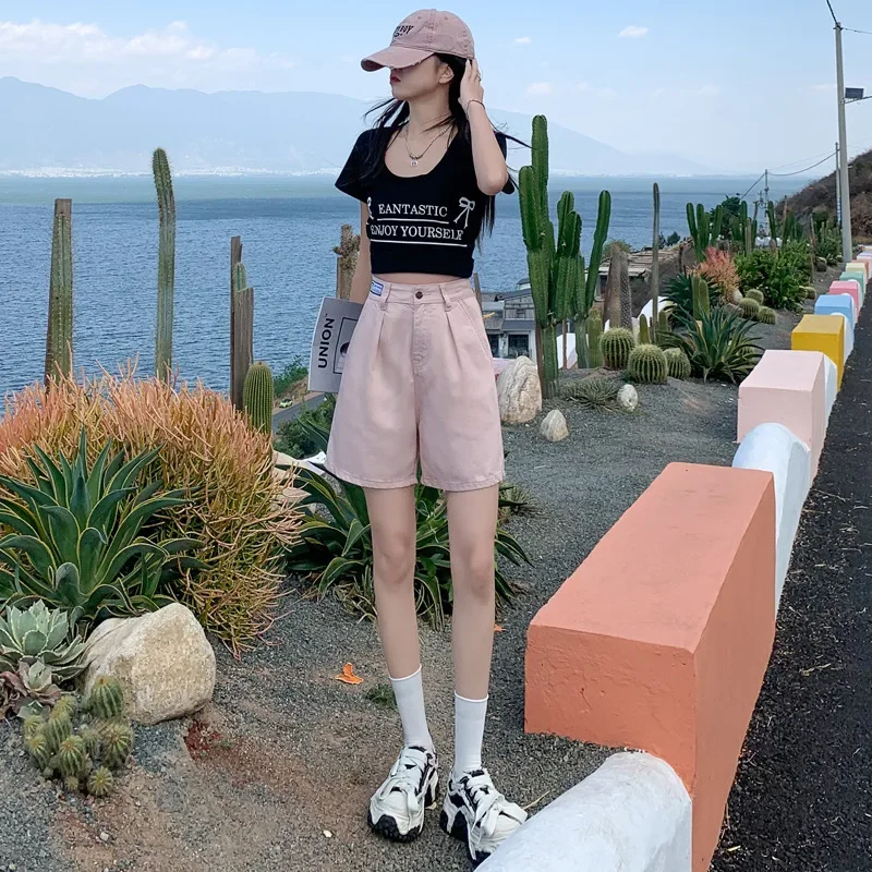 

Pop Denim Solid Shorts For Women Button High Waist Summer Loose Casual Pockets Shorts Female Pants Korea Fashion Women Clothing
