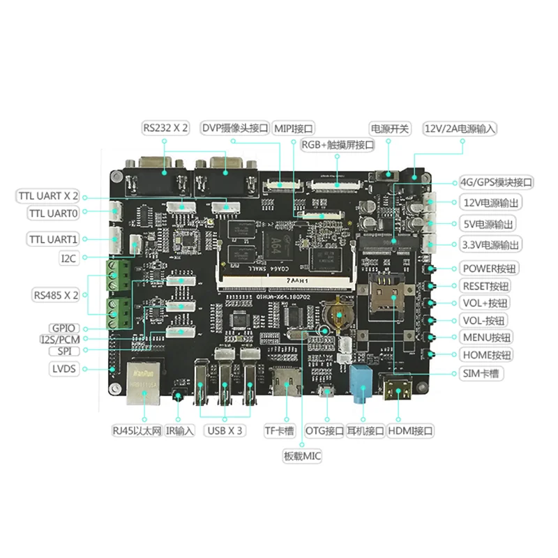 Allwinner a64 placa de desenvolvimento qihua-x64 quad core a53 solução android linux + qt ubuntu