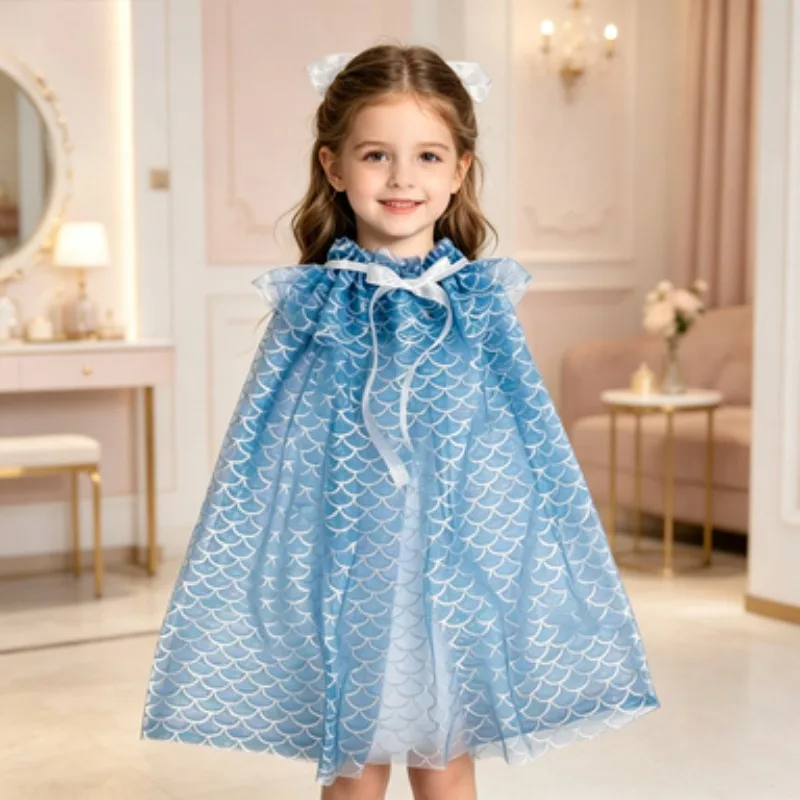 

Kids' Halloween Printed Tulle Cape, Shimmer Drawstring Cloak with Fish Scale Pattern for Birthday Parties & Holiday Celebrations