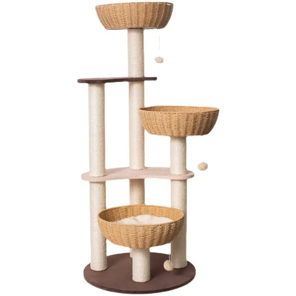 Árvore de gato multicamadas moderna de luxo com poste de sisal, estrutura de escalada de casa de gato de madeira tecida ratan para gatos